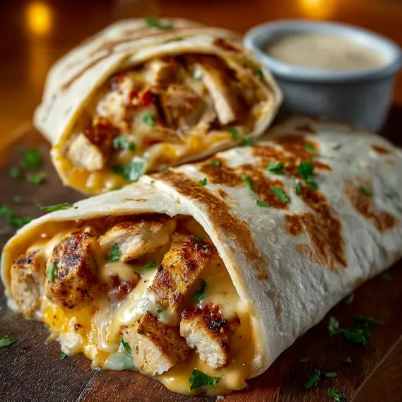 Two cheesy garlic chicken wraps on a wooden table.