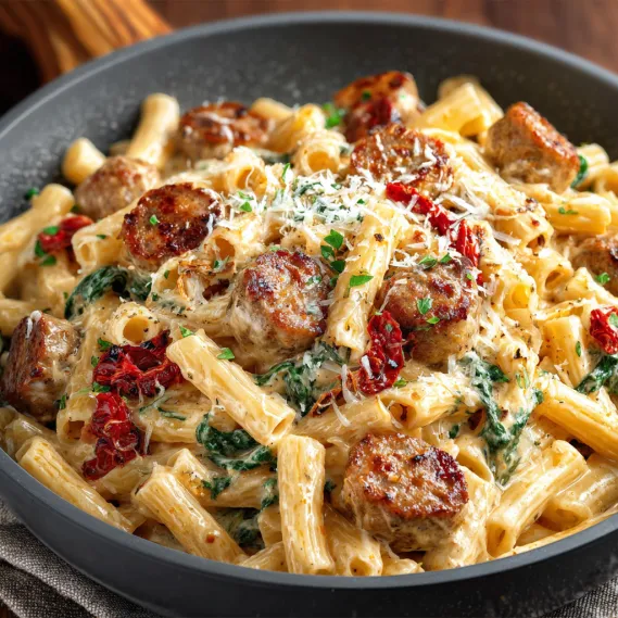 A bowl of creamy Tuscan sausage pasta.