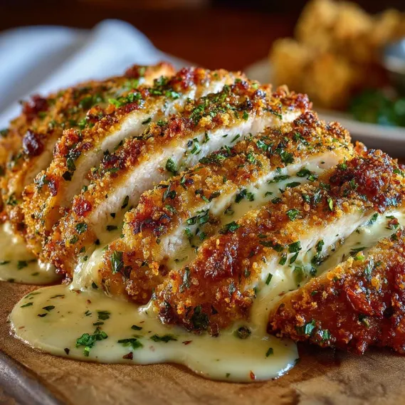Parmesan crusted chicken on a wooden table.