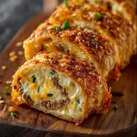 A cheese and egg roll-up on a wooden cutting board.
