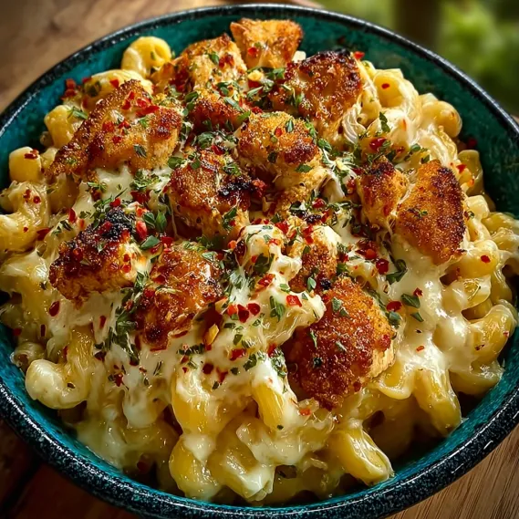 A bowl of creamy honey pepper chicken mac and cheese delight.