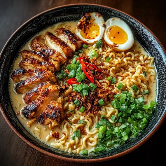 A bowl of food with chicken, noodles, and vegetables.