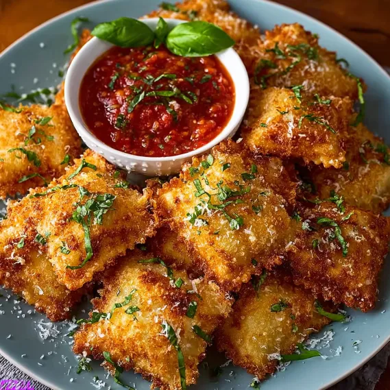 A plate of crispy fried ravioli with marinara sauce.