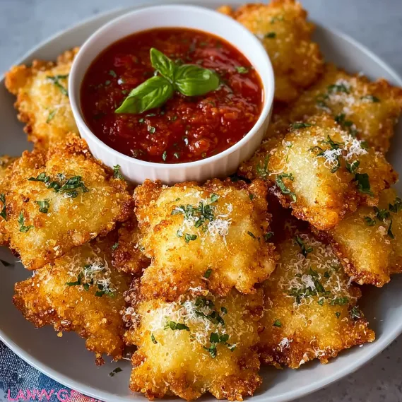 A plate of crispy fried ravioli with marinara sauce.