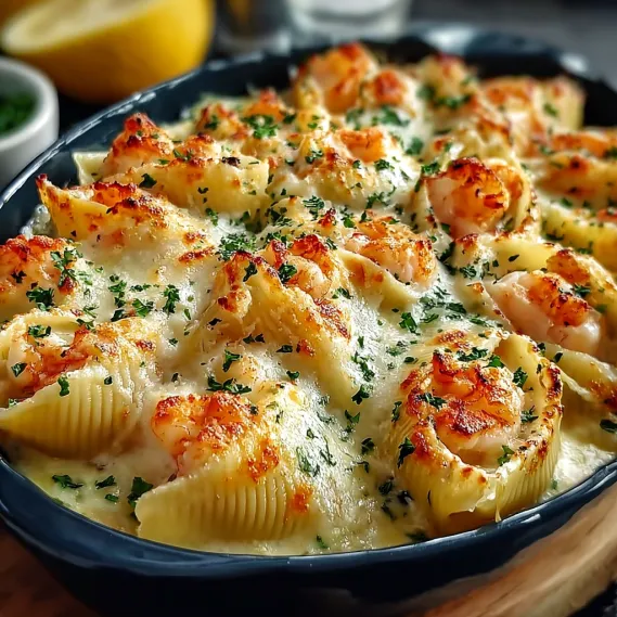 A bowl of creamy seafood stuffed shells.