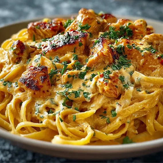 A bowl of pasta with chicken and herbs.