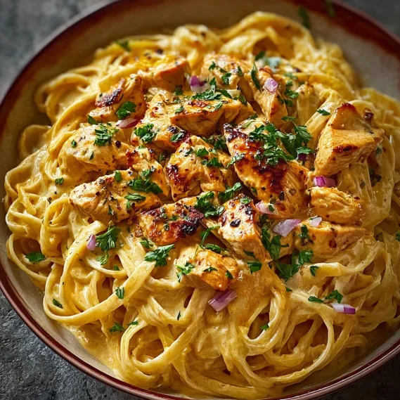 A bowl of pasta with chicken and vegetables.