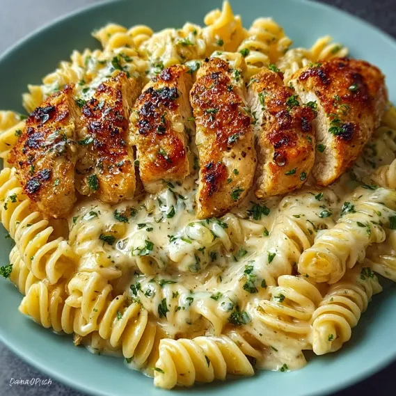 A plate of food with chicken and pasta.