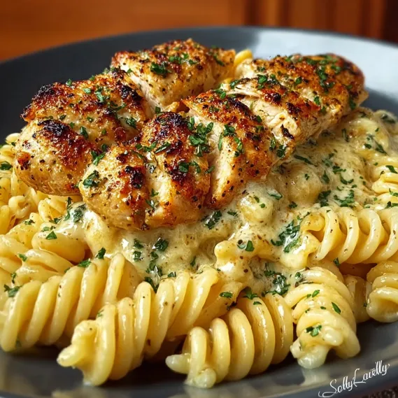 A plate of food with chicken and pasta.