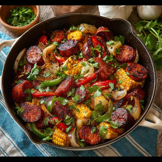 A skillet filled with sausage and vegetables.