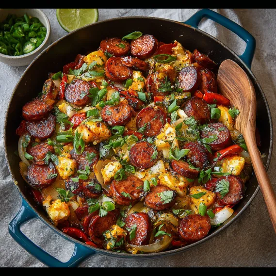 A skillet filled with sausage and vegetables.