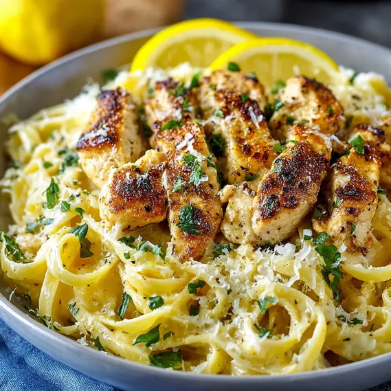 A bowl of pasta with chicken and lemon.
