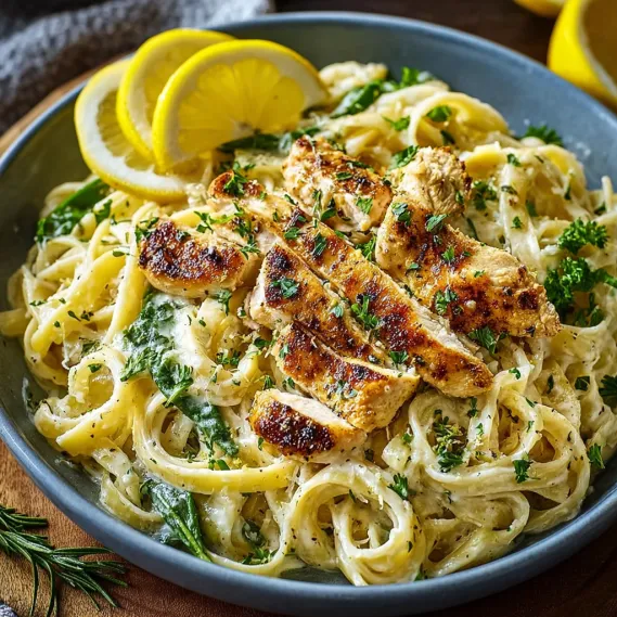 A bowl of pasta with chicken and lemon.