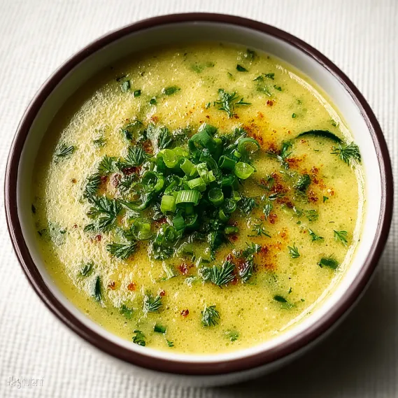 A bowl of soup with green vegetables in it.