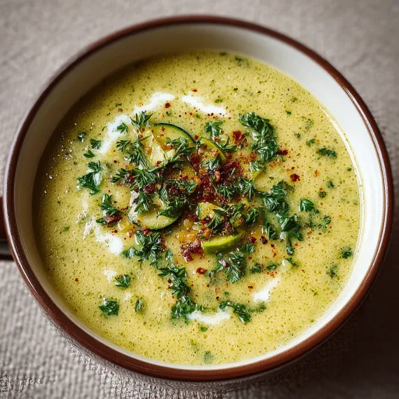 A bowl of soup with green vegetables.