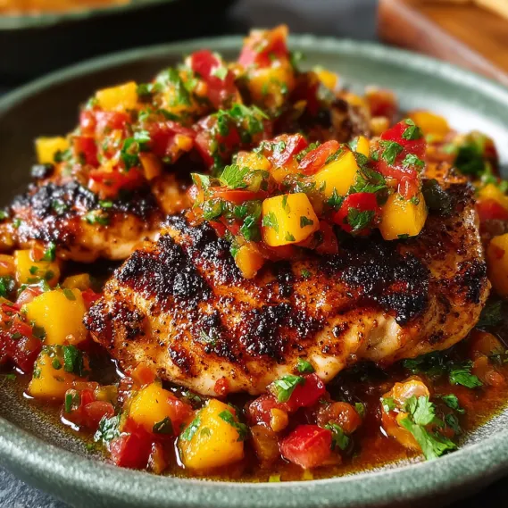 A bowl of chicken with peach salsa.