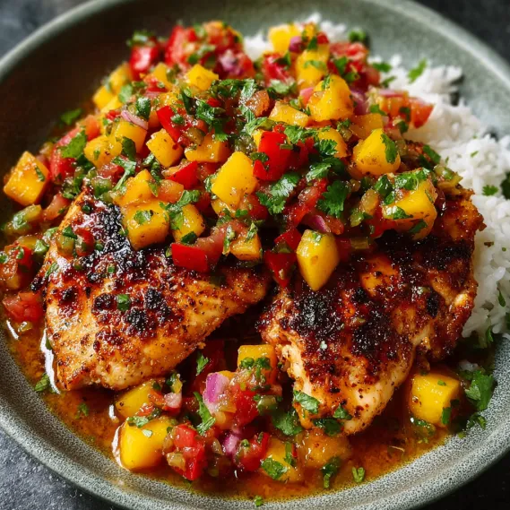 A bowl of chicken with peach salsa.