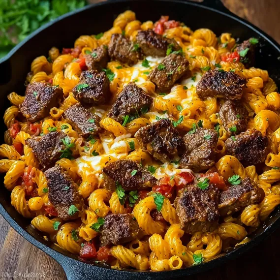 A skillet filled with pasta, meat, and cheese.