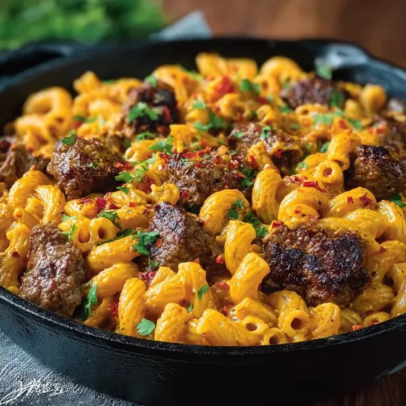 A skillet full of spicy cajun steak and pasta.