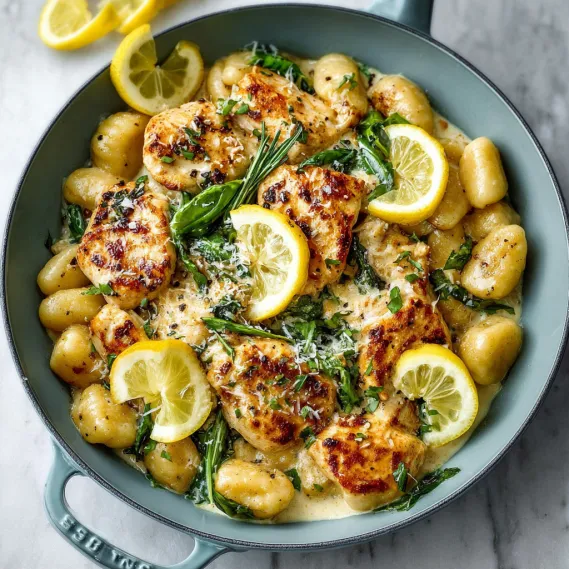 A bowl of lemon chicken gnocchi.