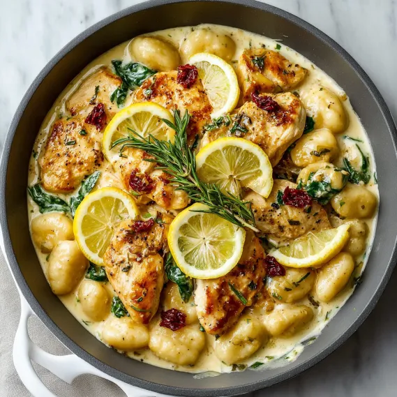 A bowl of lemon chicken gnocchi.