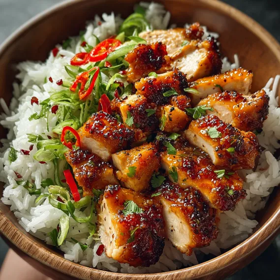 A bowl of spicy maple chicken and coconut rice.