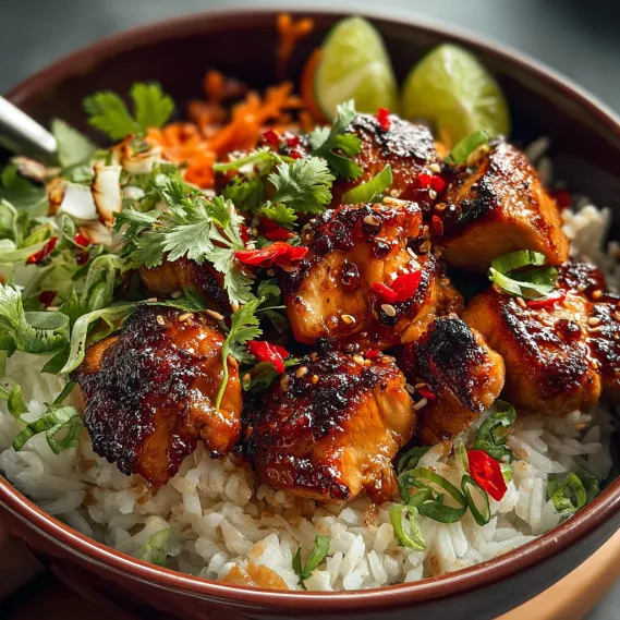 A bowl of spicy maple chicken and coconut rice.