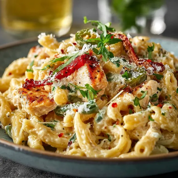 A bowl of pasta with chicken and red peppers.