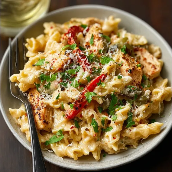 A bowl of pasta with chicken and peppers.