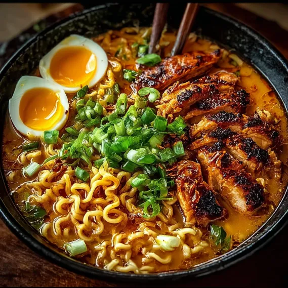 A bowl of ramen with chicken and vegetables.