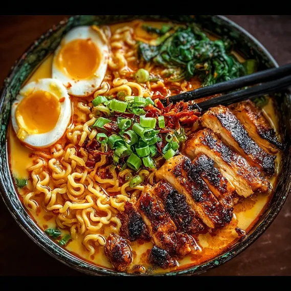 A bowl of noodles with chicken and vegetables.