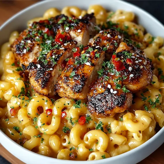 A bowl of food with chicken and mac and cheese.