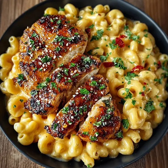 A plate of food with chicken and mac and cheese.