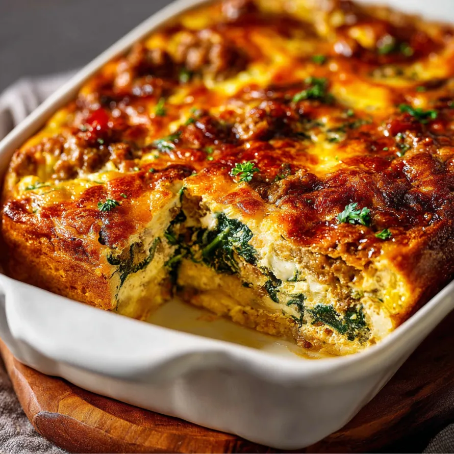 A close up of a sausage and spinach breakfast casserole.