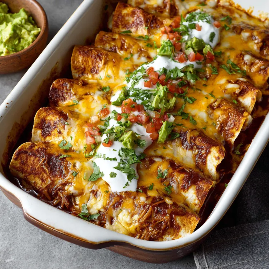A dish of Carnitas Pork Enchiladas.