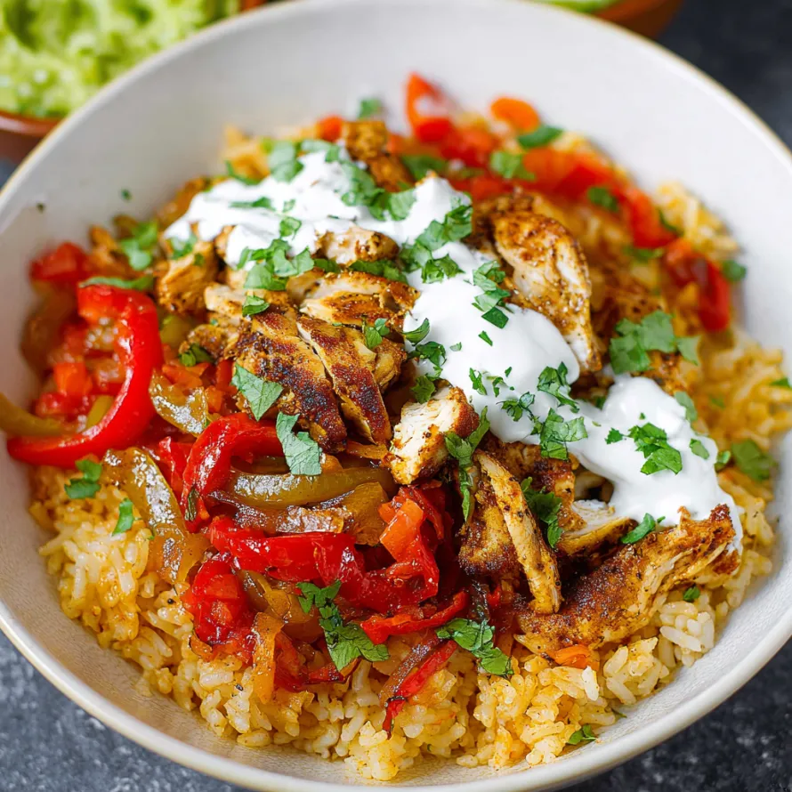 A bowl of chicken fajita rice.