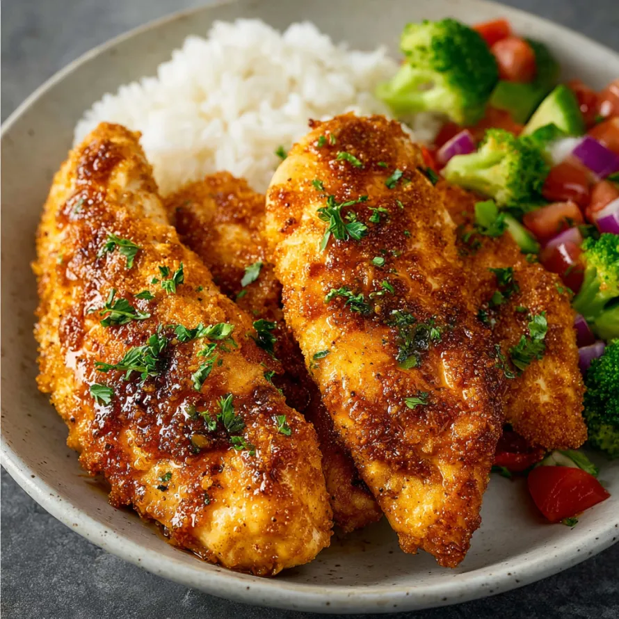 A plate of baked chicken tenderloins with rice and broccoli.