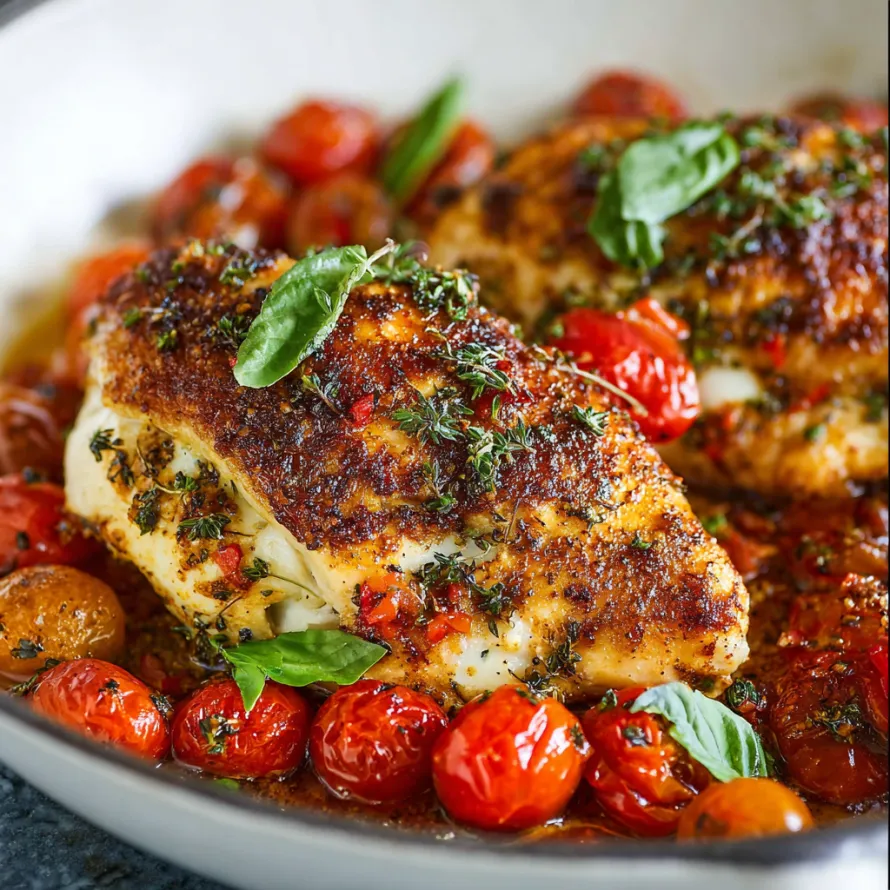 A plate of mozzarella stuffed chicken with tomatoes.