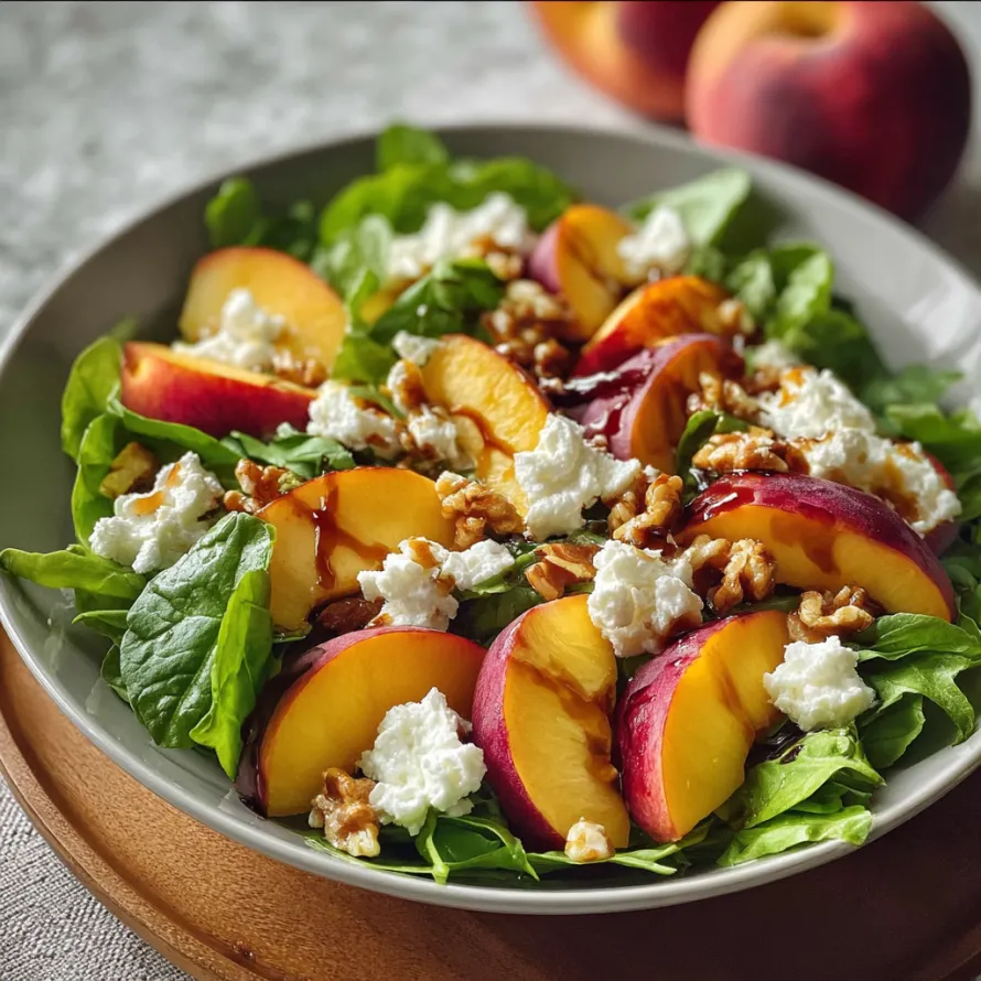 A salad with peaches, walnuts, and feta cheese.