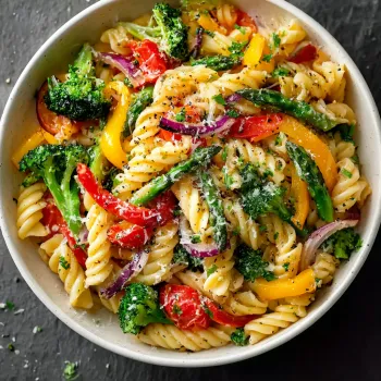 A bowl of pasta primavera with tomatoes, broccoli, and cheese.