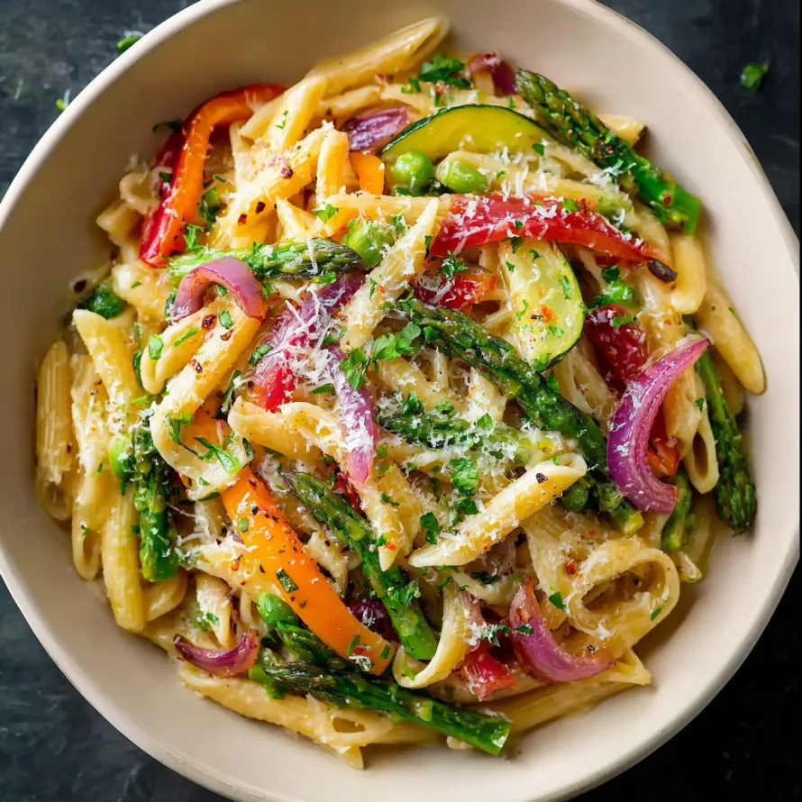 A bowl of pasta primavera with vegetables and cheese.