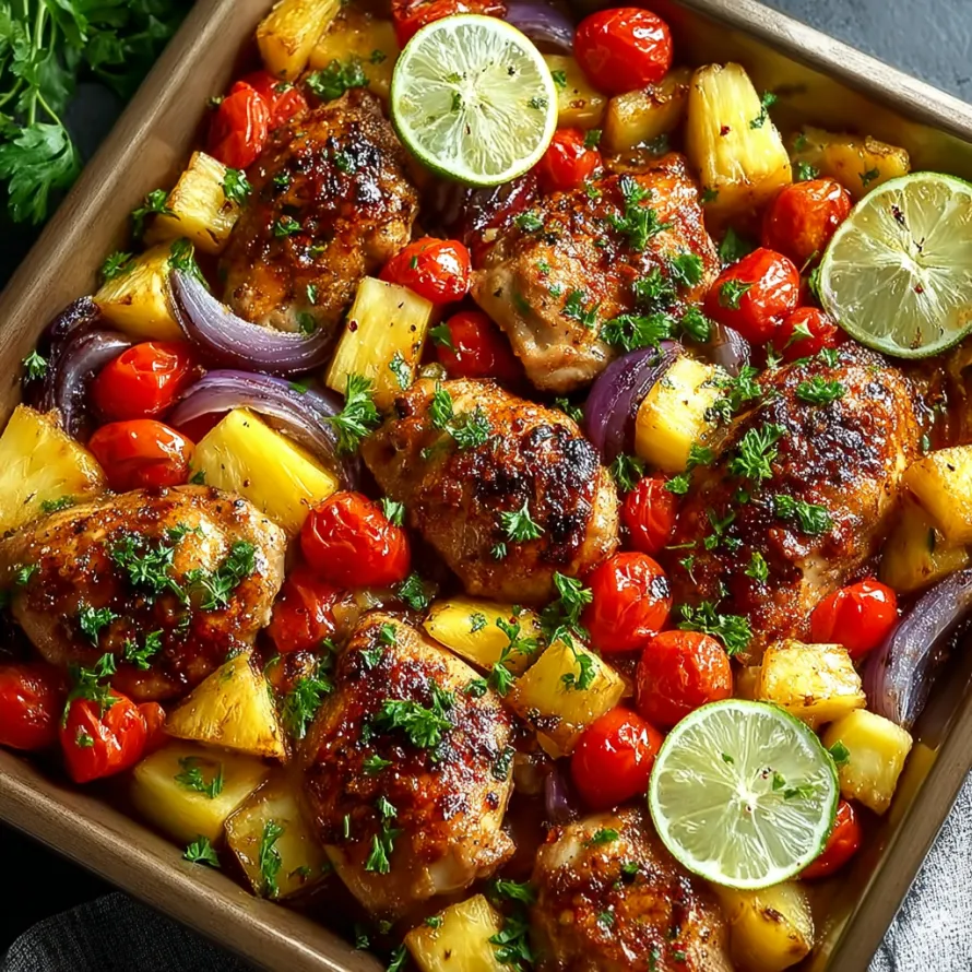 A dish of chicken with pineapple and lime.