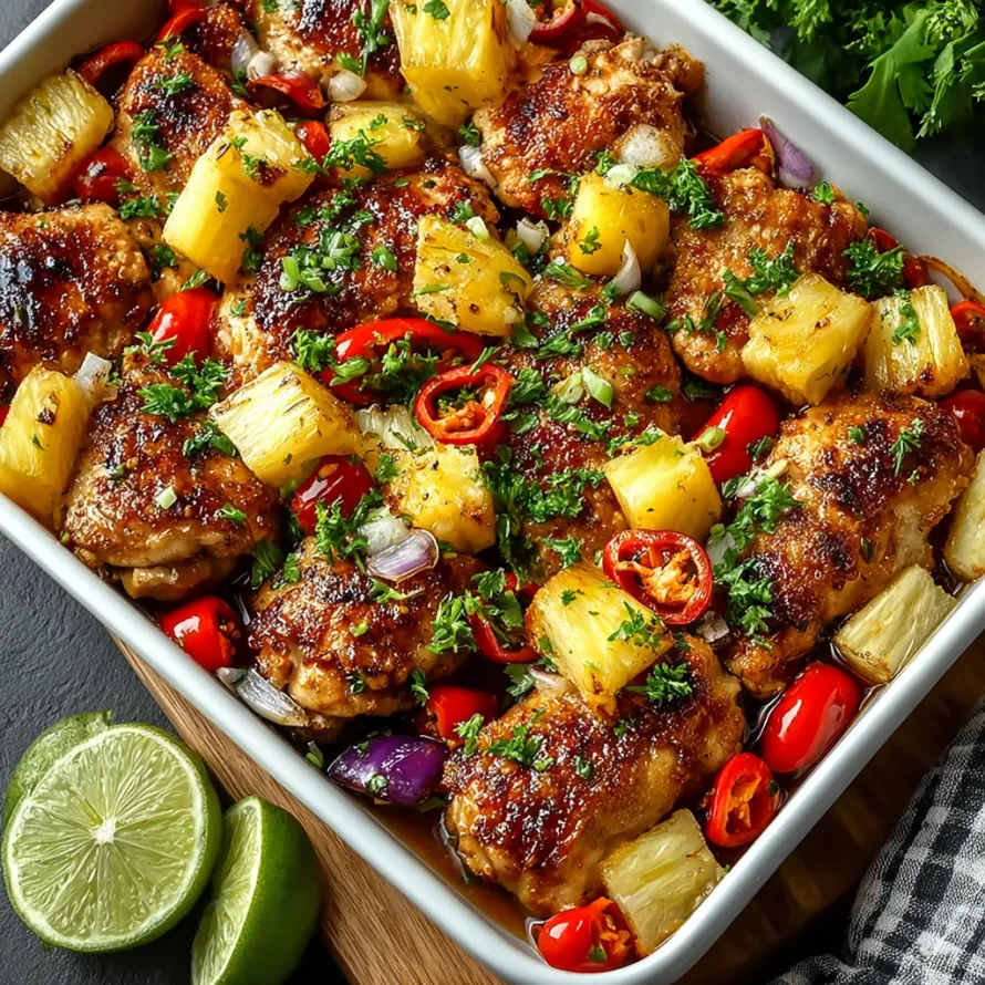 A dish of chicken with pineapple and peppers.