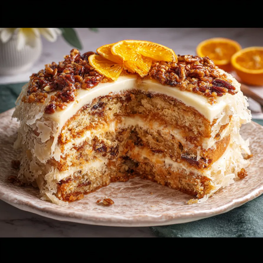 A slice of Lane Cake with orange slices on top.