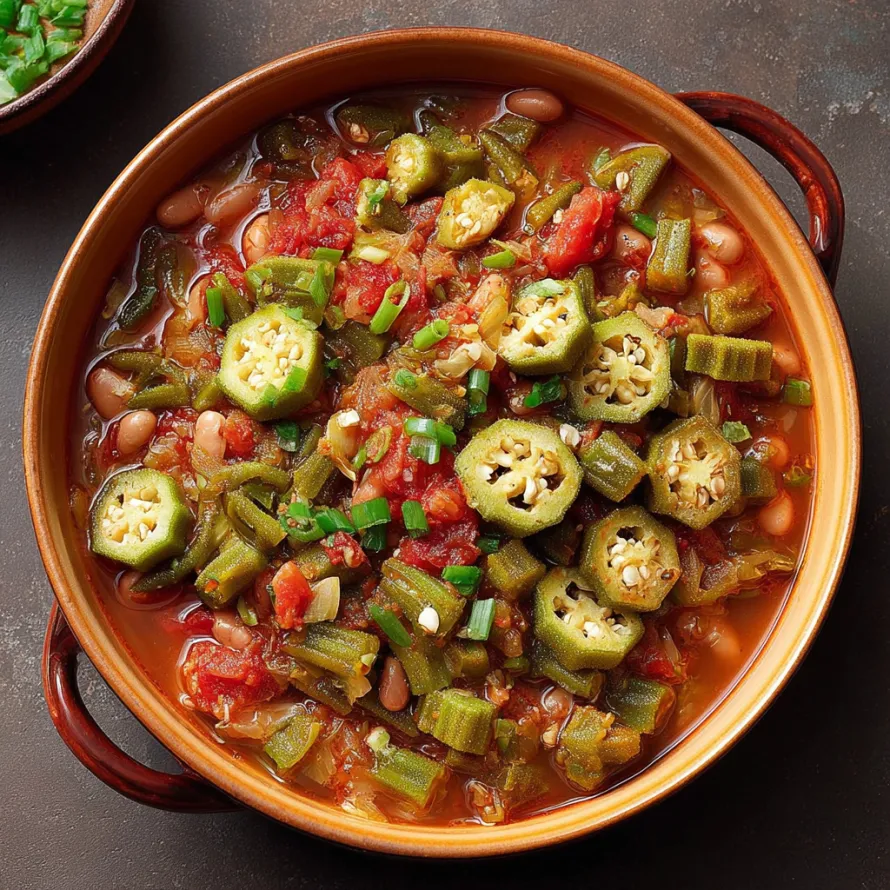 A bowl of stew with okra, beans, and tomatoes.