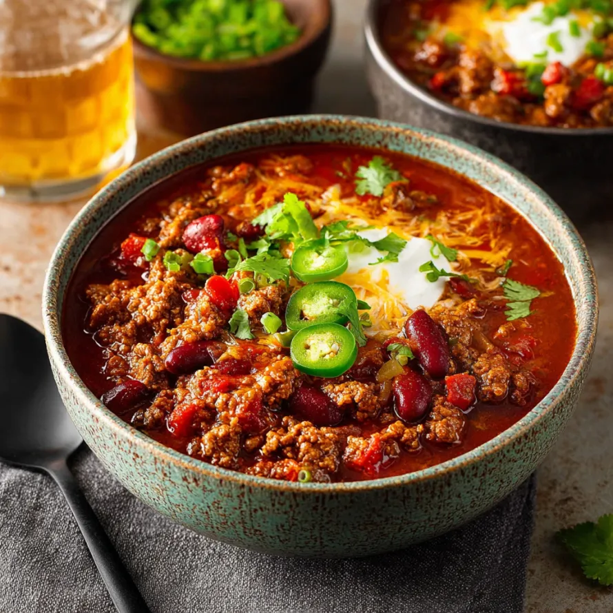 A bowl of spicy chili with a spoon in it.
