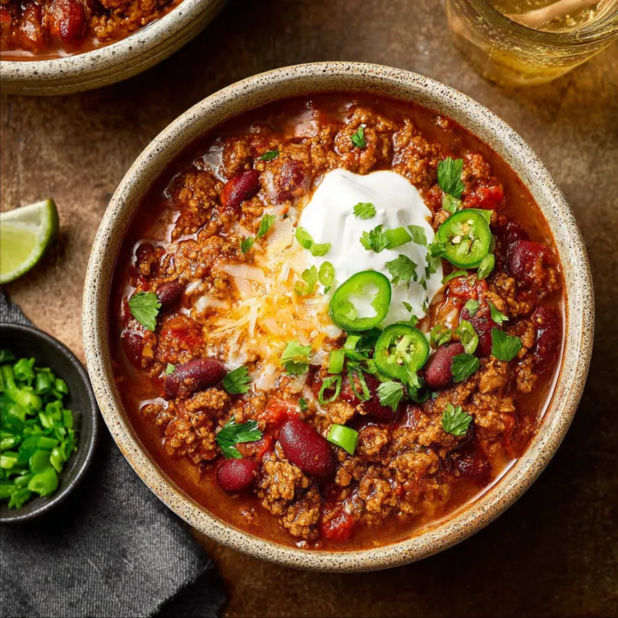 A bowl of spicy chili with white cheese on top.