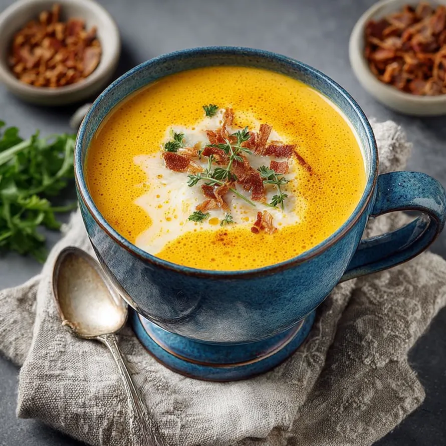 A cup of pumpkin bisque with bacon on top.