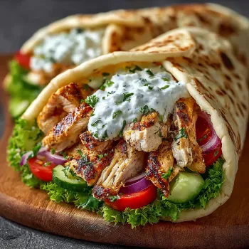 A gyro with chicken and tomatoes.