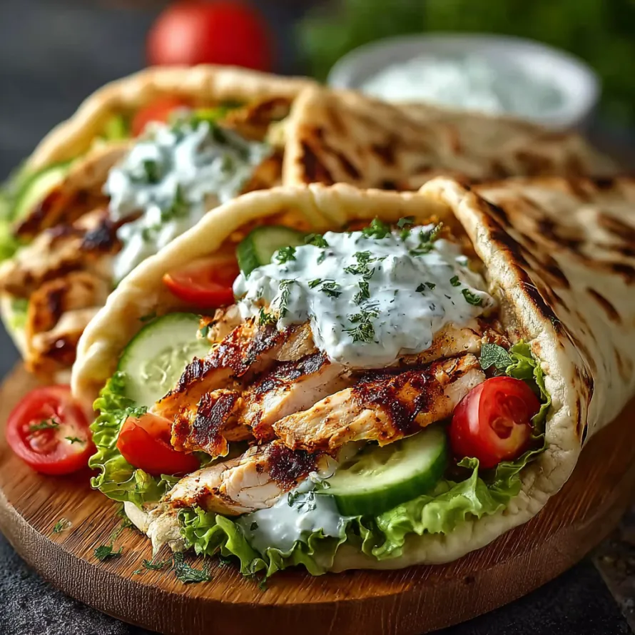 A gyro with chicken, tomatoes, cucumbers, and feta cheese.